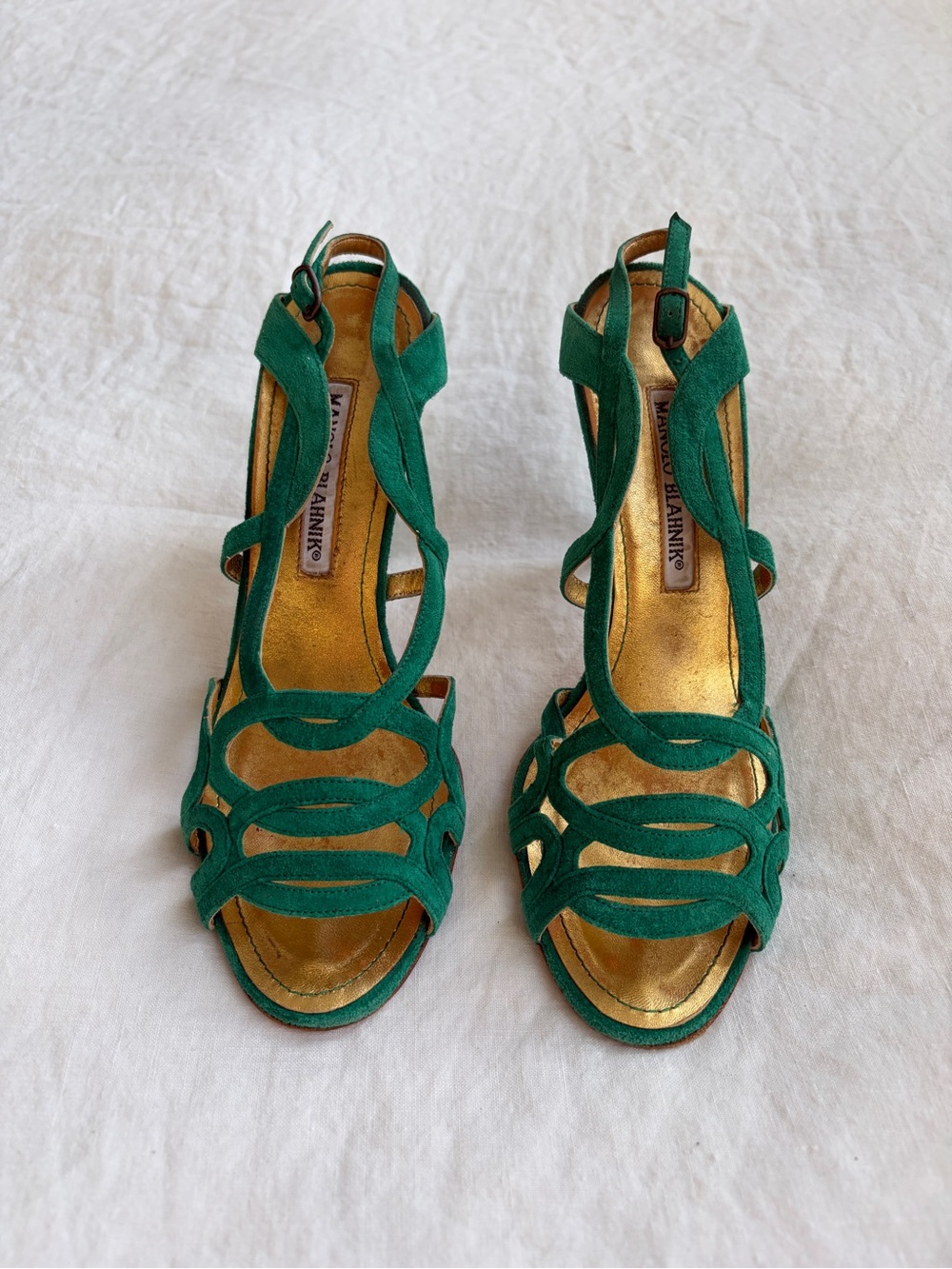 Vintage Manolo Blahnik Suede Strappy Loop Open Toe Heels Emerald Green - Picture 4 of 11